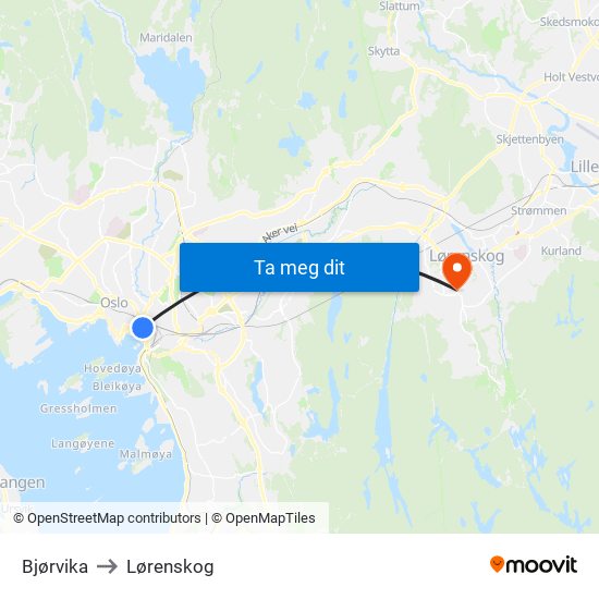 Bjørvika to Lørenskog map