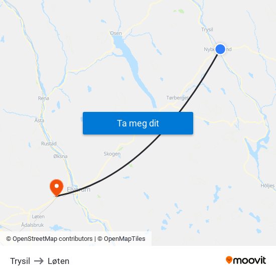Trysil to Løten map