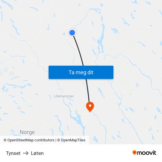 Tynset to Løten map