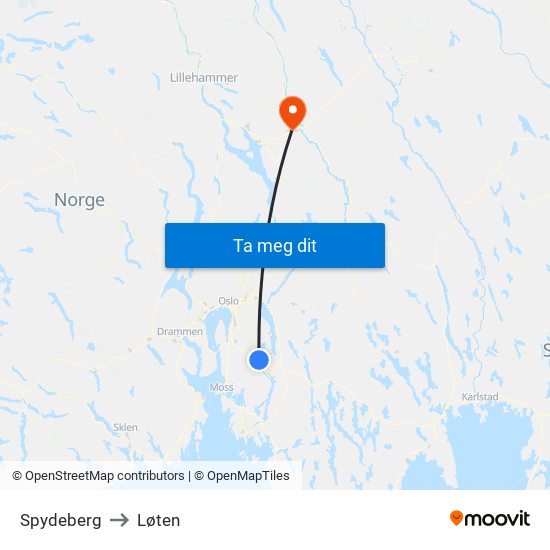 Spydeberg to Løten map