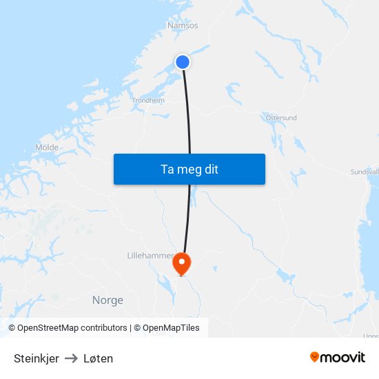 Steinkjer to Løten map