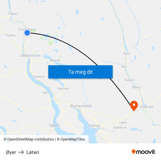 Øyer to Løten map