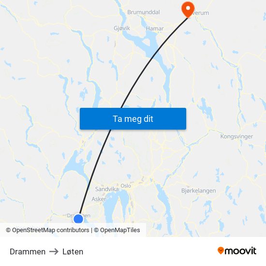 Drammen to Løten map