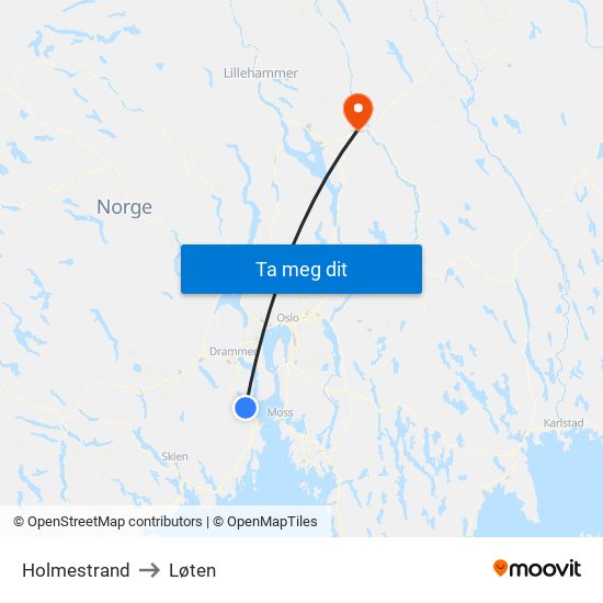 Holmestrand to Løten map