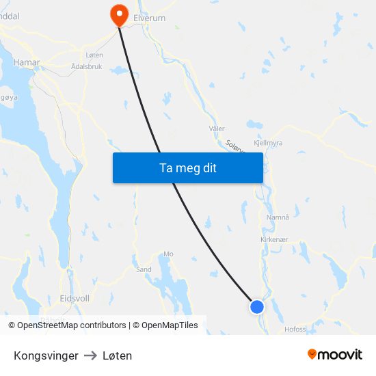 Kongsvinger to Løten map