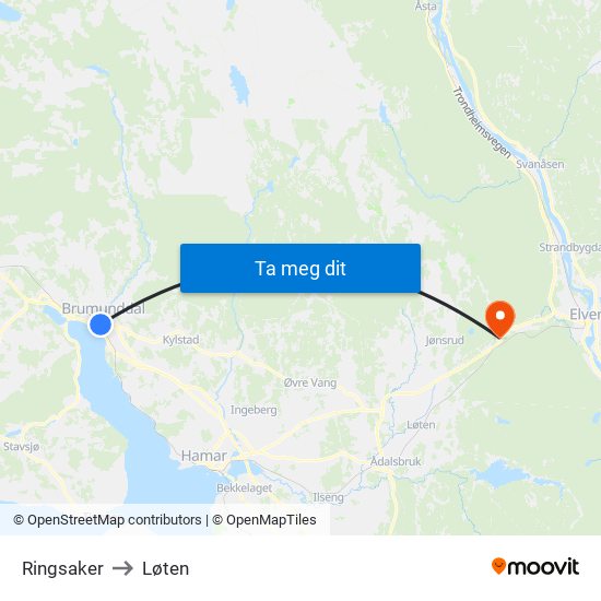 Ringsaker to Løten map