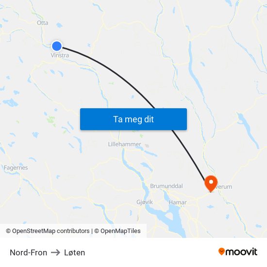 Nord-Fron to Løten map