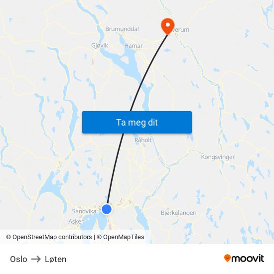 Oslo to Løten map