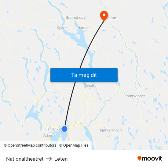 Nationaltheatret to Løten map