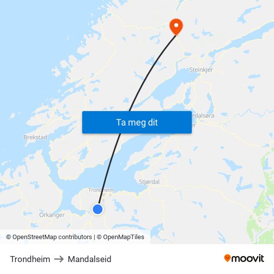 Trondheim to Mandalseid map