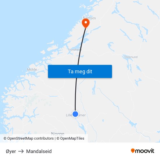 Øyer to Mandalseid map