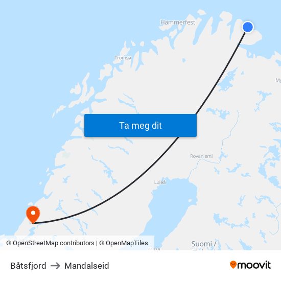 Båtsfjord to Mandalseid map