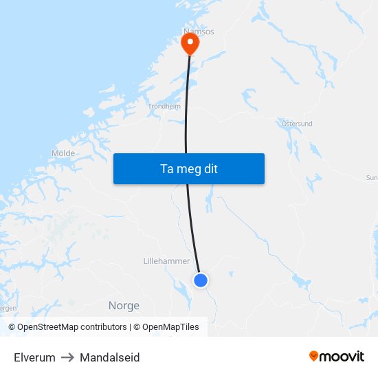 Elverum to Mandalseid map