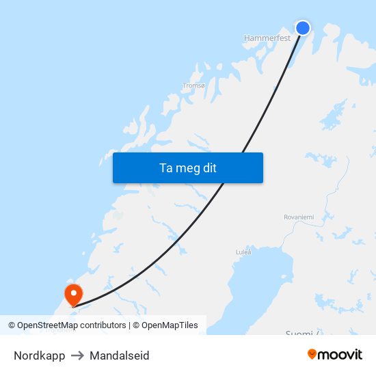 Nordkapp to Mandalseid map
