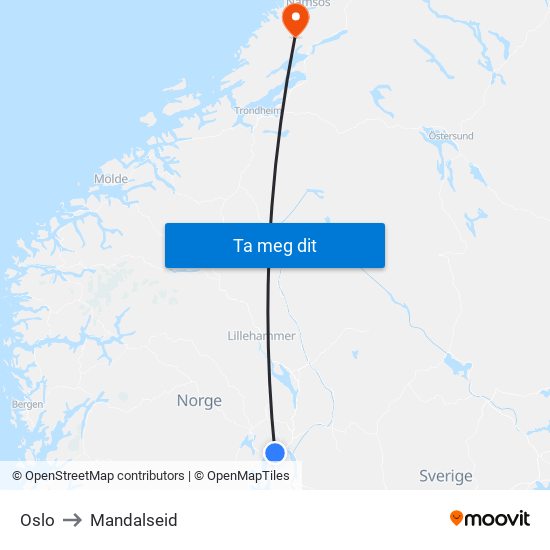 Oslo to Mandalseid map