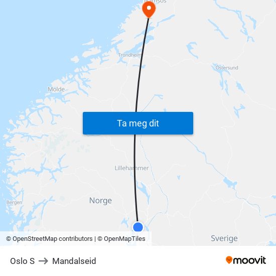 Oslo S to Mandalseid map
