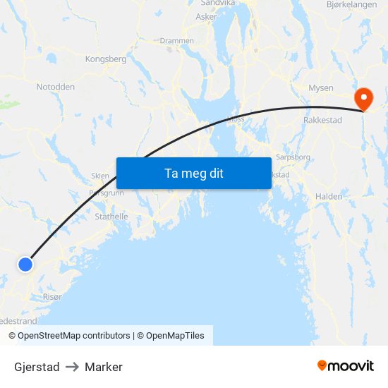 Gjerstad to Marker map