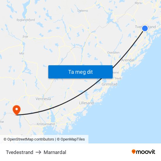 Tvedestrand to Marnardal map