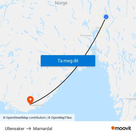 Ullensaker to Marnardal map