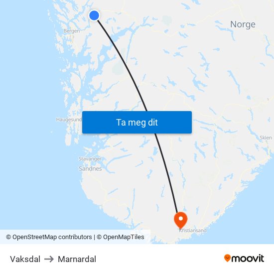 Vaksdal to Marnardal map