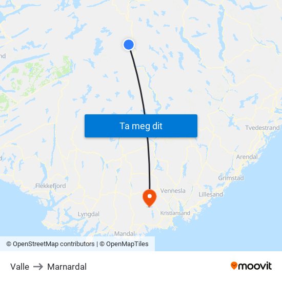 Valle to Marnardal map