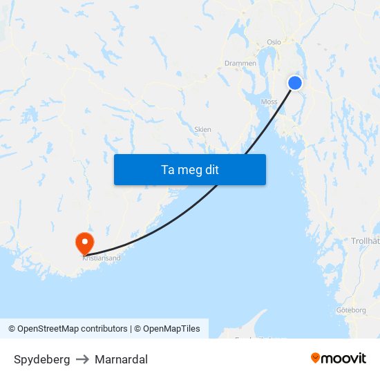 Spydeberg to Marnardal map