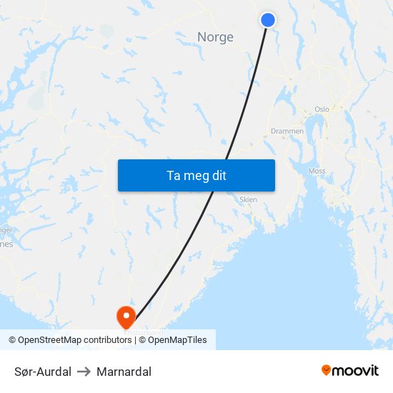 Sør-Aurdal to Marnardal map