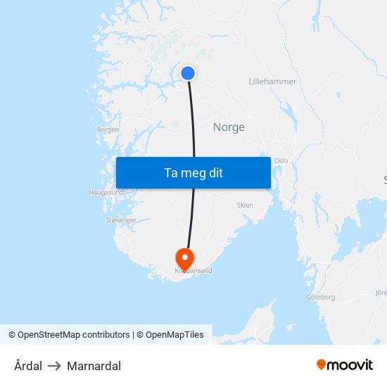 Årdal to Marnardal map