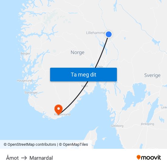 Åmot to Marnardal map