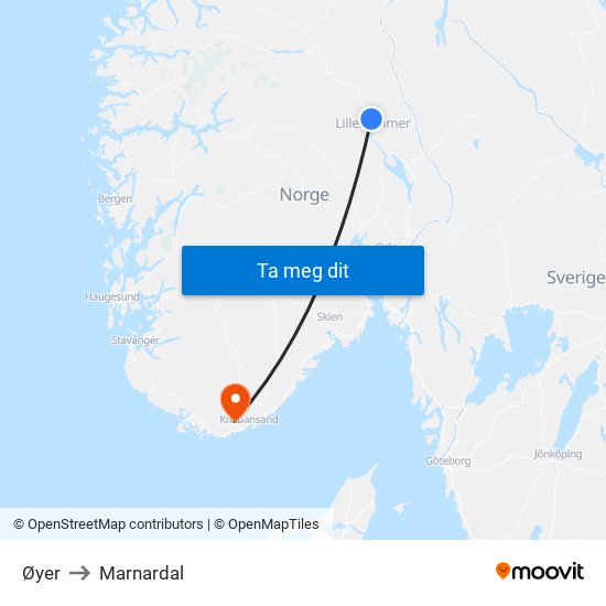 Øyer to Marnardal map