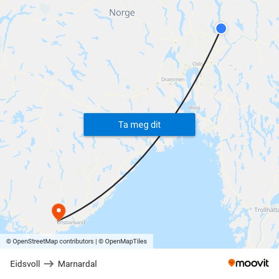 Eidsvoll to Marnardal map