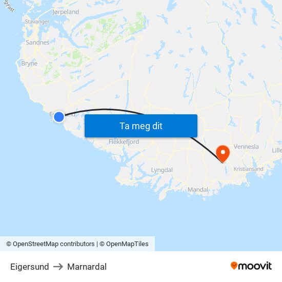 Eigersund to Marnardal map