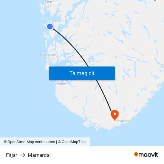 Fitjar to Marnardal map