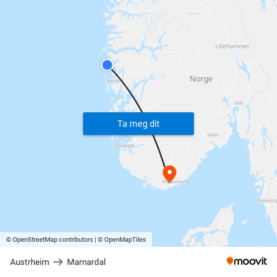 Austrheim to Marnardal map