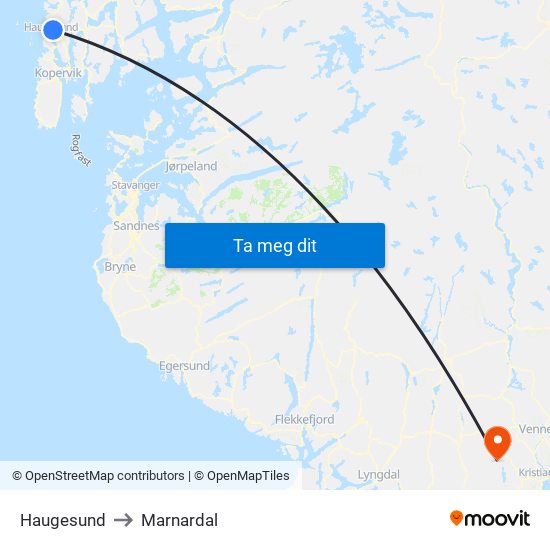 Haugesund to Marnardal map