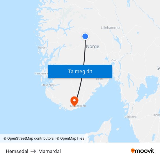 Hemsedal to Marnardal map