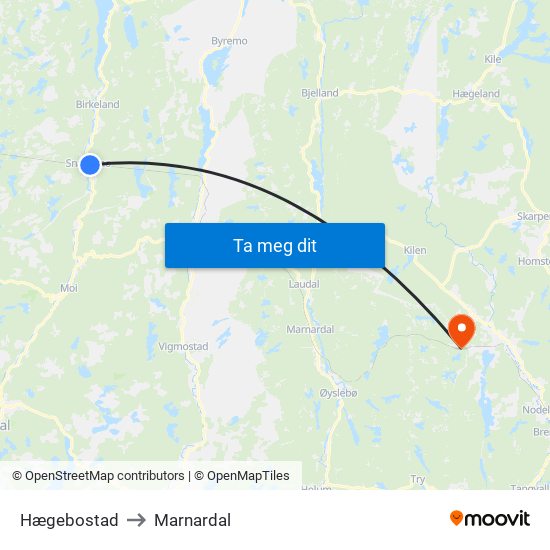 Hægebostad to Marnardal map