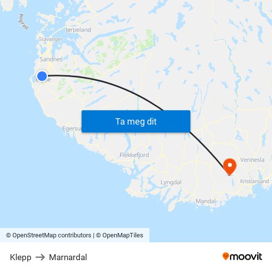 Klepp to Marnardal map