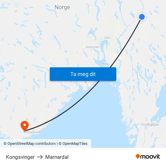 Kongsvinger to Marnardal map