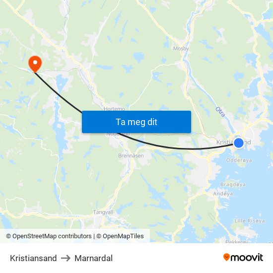 Kristiansand to Marnardal map