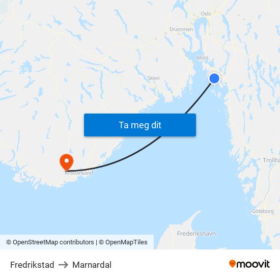 Fredrikstad to Marnardal map