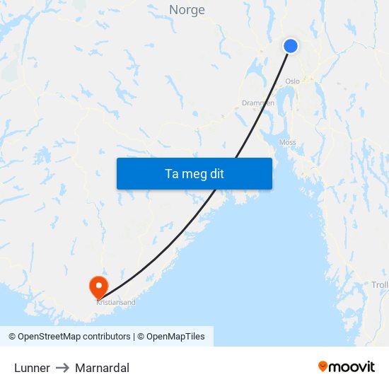 Lunner to Marnardal map