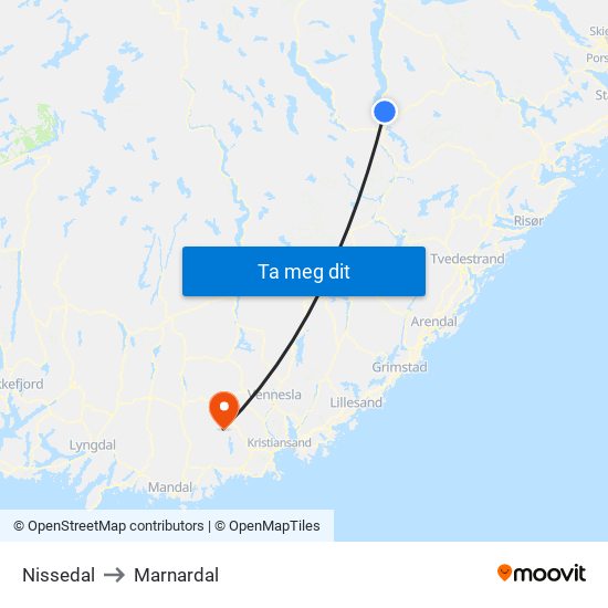 Nissedal to Marnardal map