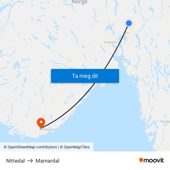 Nittedal to Marnardal map