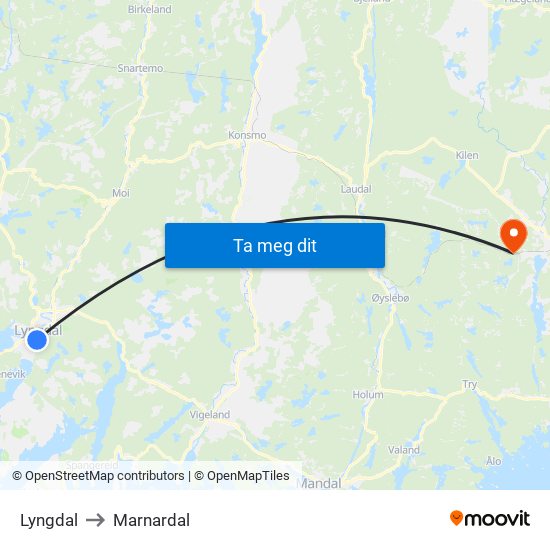 Lyngdal to Marnardal map