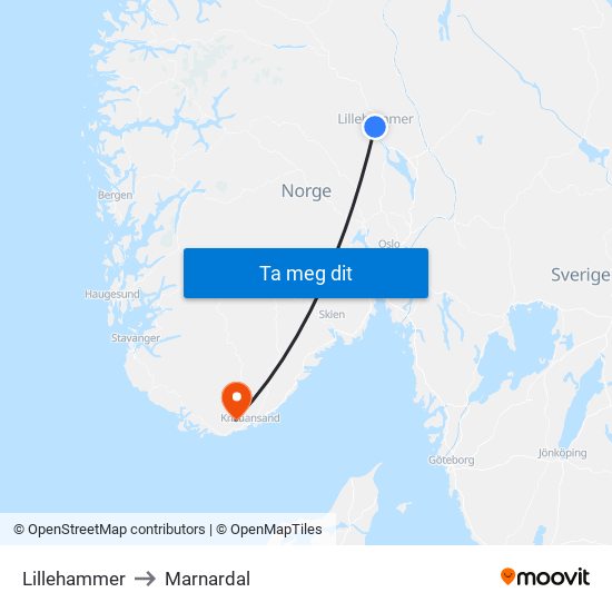 Lillehammer to Marnardal map