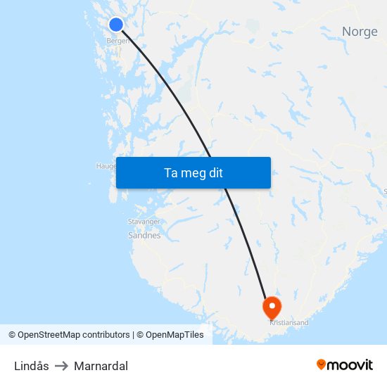 Lindås to Marnardal map