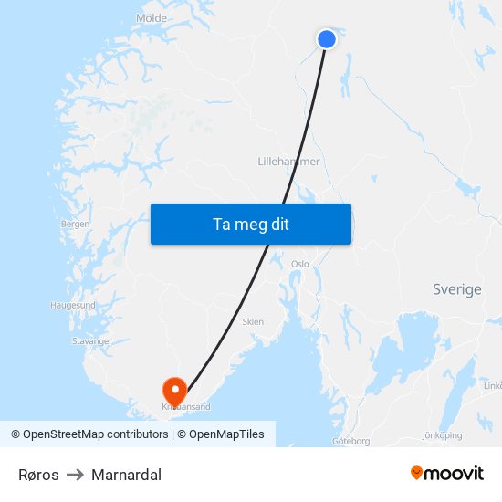 Røros to Marnardal map