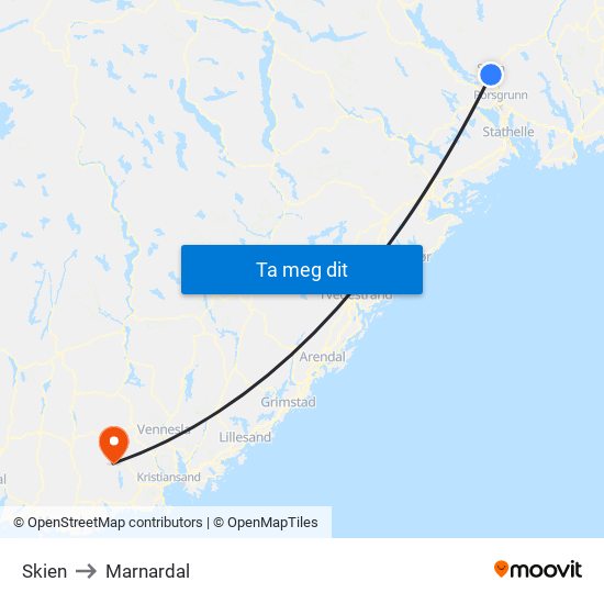 Skien to Marnardal map