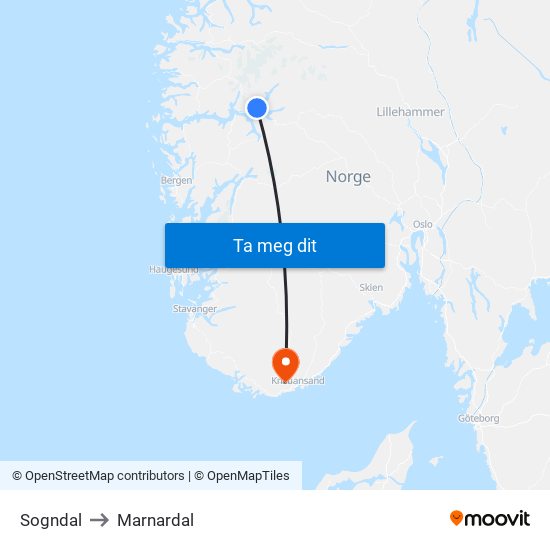 Sogndal to Marnardal map